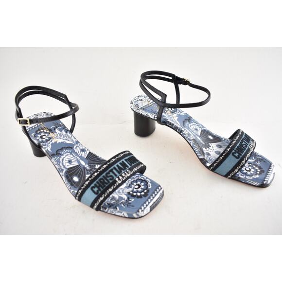 Dior Bandana Embroidered Black Blue Dway Heeled Sandal Strap Low Heel Pump 40 - Picture 3 of 13
